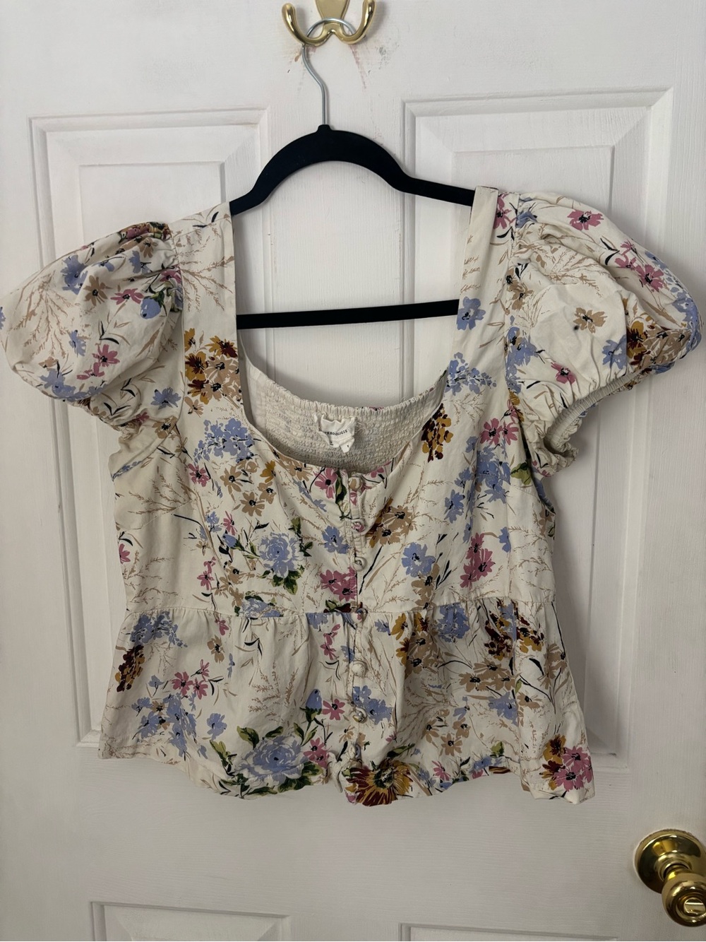 Anthropologie Cream Floral Puff-Sleeve Peplum Blouse